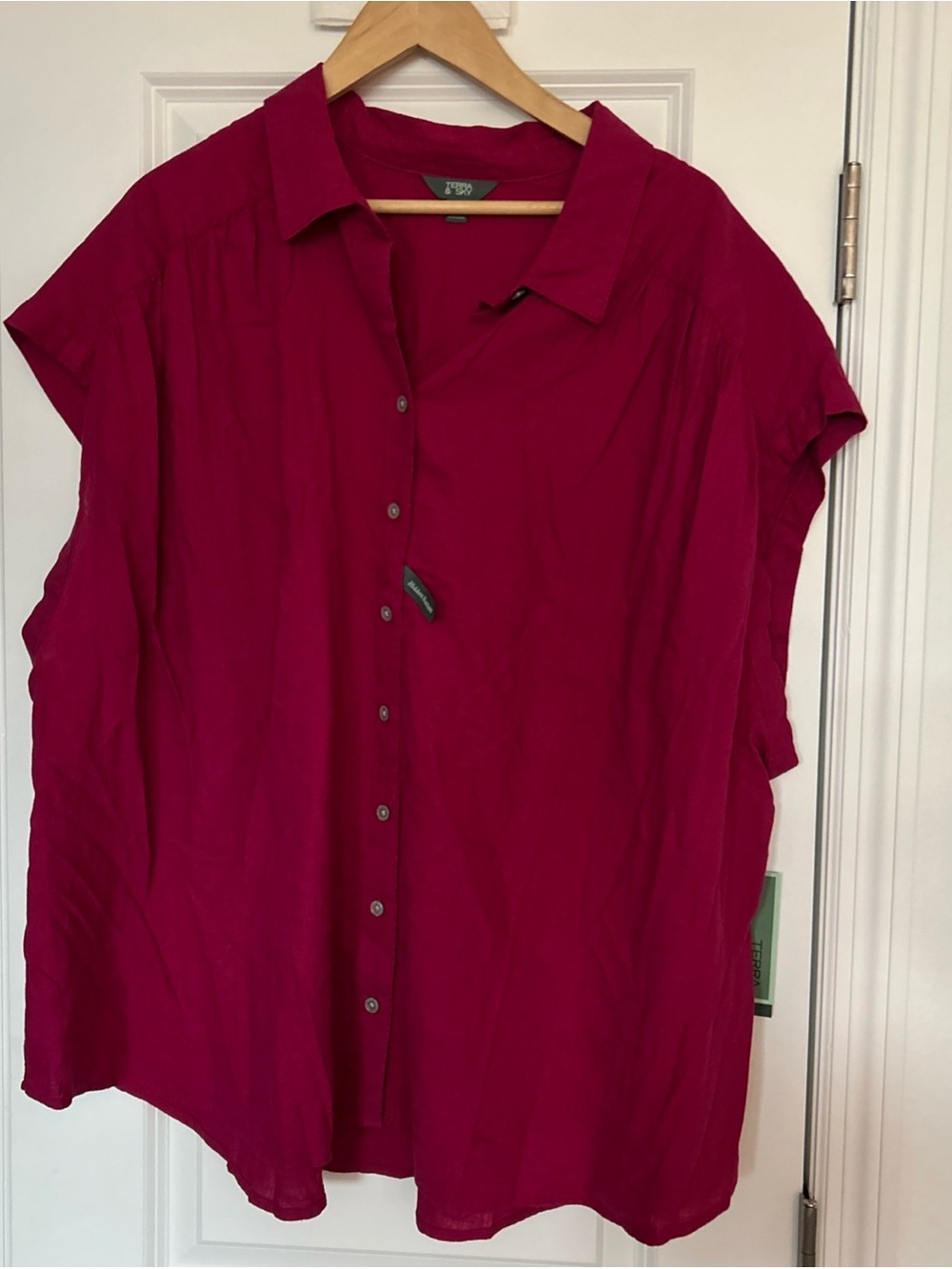 Terra & Sky Women's Plus Linen Blend Camp Shirt, Size 4x Pink/Dark Azalea